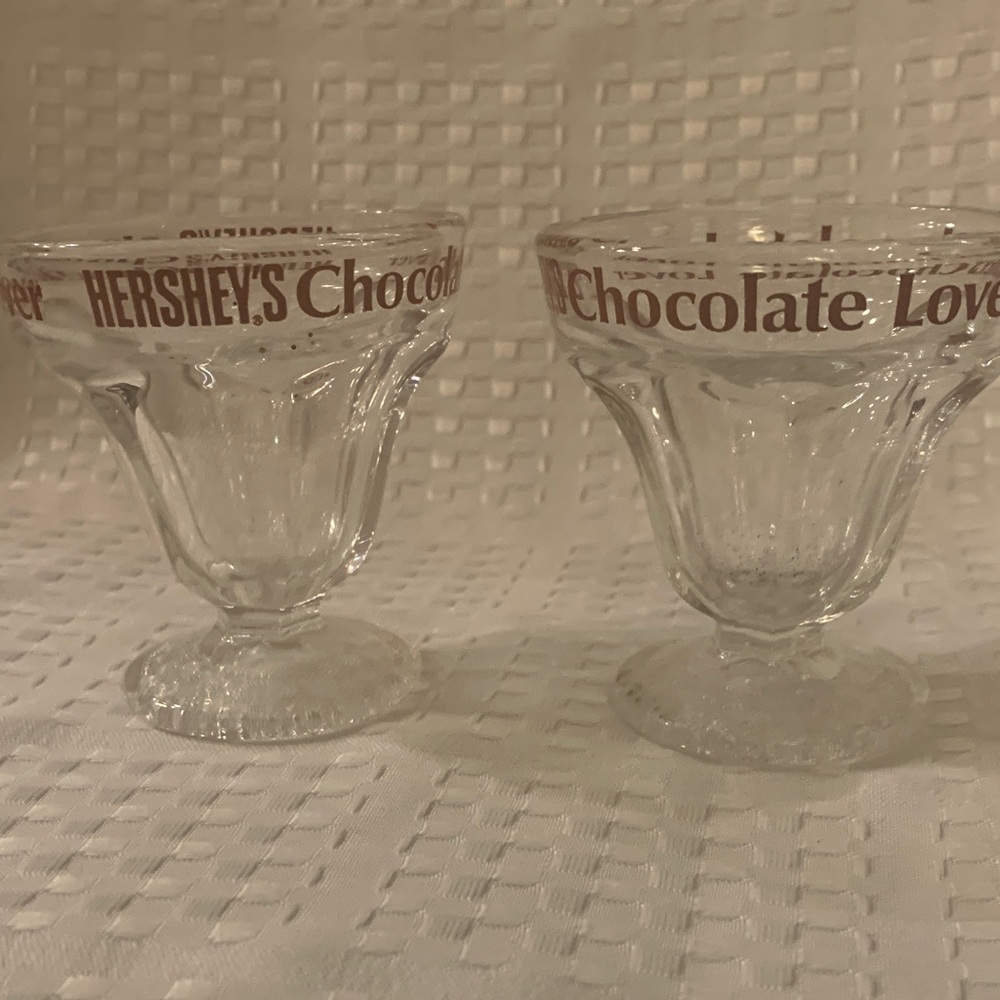 Hershey’s Chocolate Glass Dessert Cups, 3.25 inches tall, diameter of 3 inches.